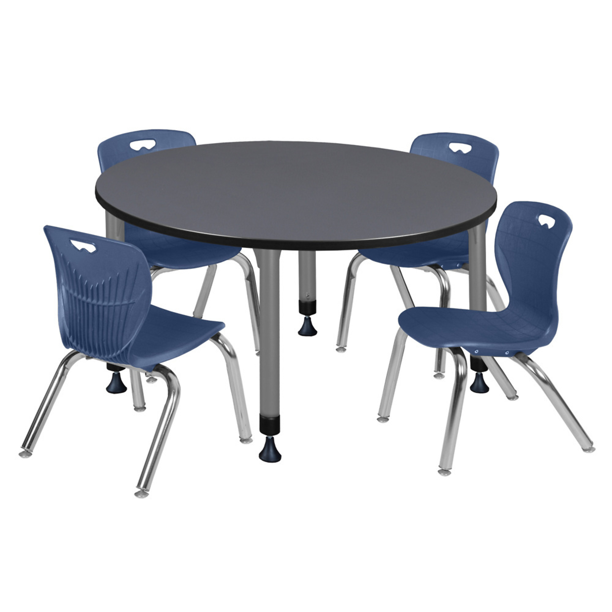 Regency Kee Adjustable Classroom Table Set — 48in. Round Table, 4 Navy Blue Andy 12in. Stack Chairs, Grey & Mahogany Finish, Model# TB48RNDGYAPGY45NV
